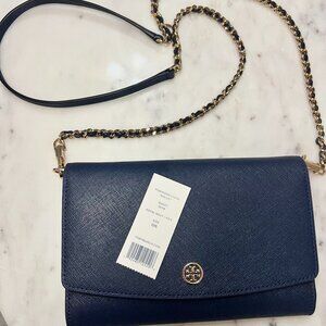 Tory Burch: ROBINSON PEBBLED CROSSBODY IN NAVY NEW WITH TAG & STUFFING (Retails